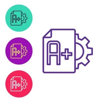 Set line Exam sheet with A plus grade icon isolated on white background. Test Stock Illustration