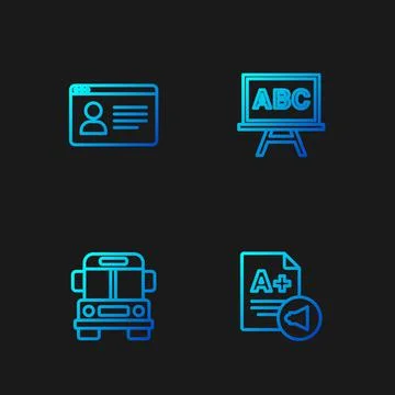 Set line Exam sheet with A plus grade, School Bus, Online class and Chalkboard Stock Illustration