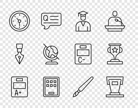 Set line Exam sheet with A plus grade, Stage stand, Graduate graduation cap Stock Illustration