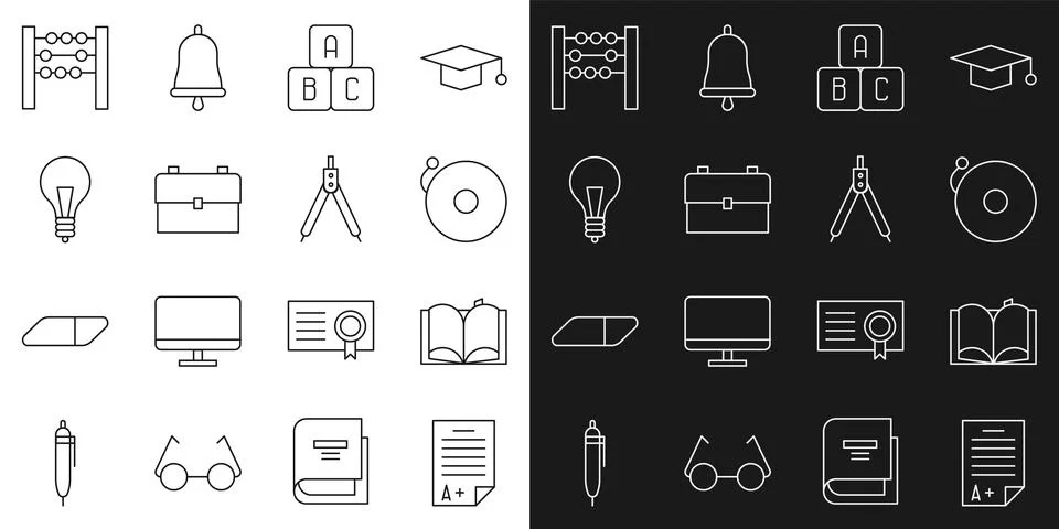 Set line Exam sheet with A plus grade, Open book, Ringing alarm bell, ABC blocks Stock Illustration