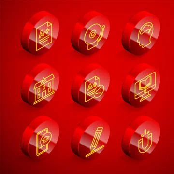 Set line Exam sheet with A plus grade, Ringing alarm bell, Human brain, School Stock Illustration