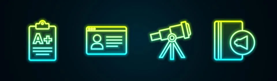 Set line Exam sheet with A plus grade, Online class, Telescope and Audio book Stock Illustration