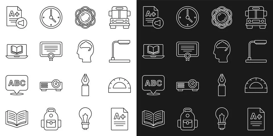 Set line Exam sheet with A plus grade, Protractor grid, Table lamp, Atom Stock Illustration