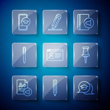 Set line Exam sheet with A plus grade, Marker pen, Graduation cap in speech Stock-Illustration