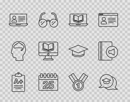 Set line Exam sheet with A plus grade, Graduation cap in speech bubble, Onlin Stock Illustration