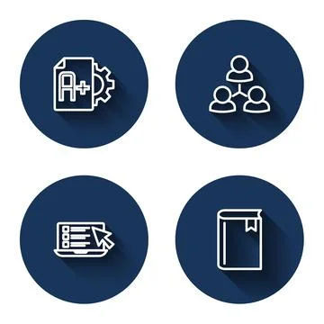 Set line Exam sheet with A plus grade, Online class, quiz, test, survey and B Stock-Illustration