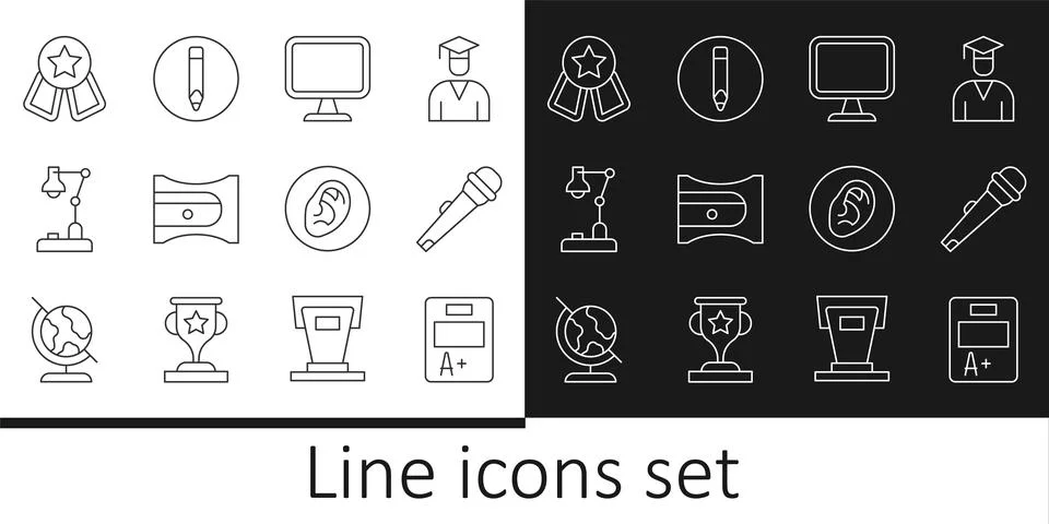 Set line Exam sheet with A plus grade, Microphone, Computer monitor, Pencil s Illustrazione stock