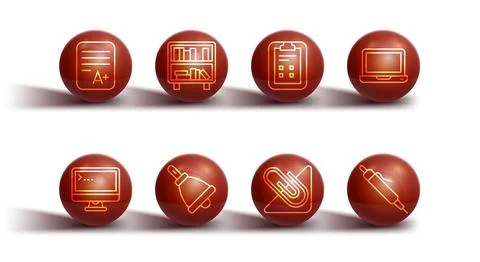 Set line Exam sheet with A plus grade, Computer monitor, Laptop, Paper clip Illustrazione stock