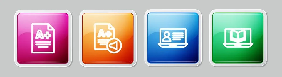 Set line Exam sheet with A plus grade, , Online class and . Colorful square Stock Illustration