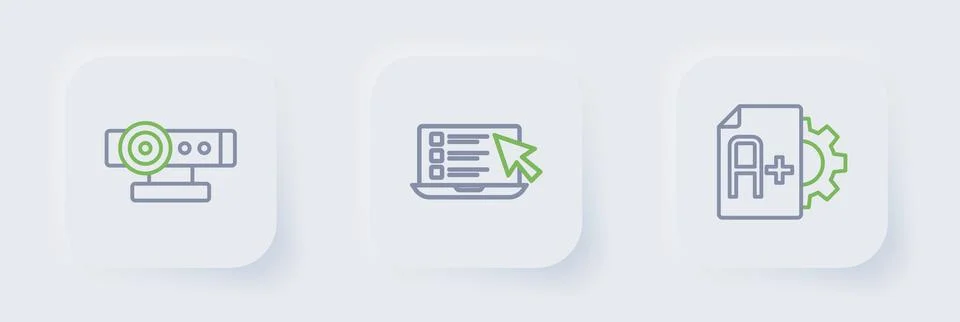 Set line Exam sheet with A plus grade, Online quiz, test, survey and Web ca.. Stock-Illustration