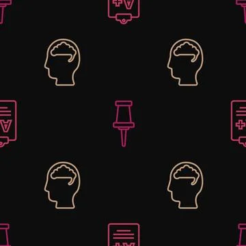 Set line Exam sheet with A plus grade, Human brain and Push pin on seamless.. Illustrazione stock