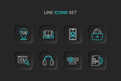 Set line Exam sheet with A plus grade, Web camera, Headphones, Online educa.. Stock-Illustration