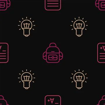Set line Exam sheet with A plus grade, Light bulb and School backpack on se.. Stock Illustration