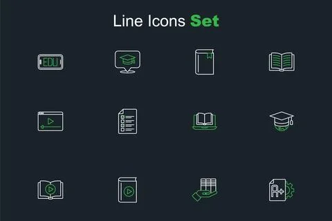 Set line Exam sheet with A plus grade, Book donation, Audio book, Graduatio.. Stock Illustration