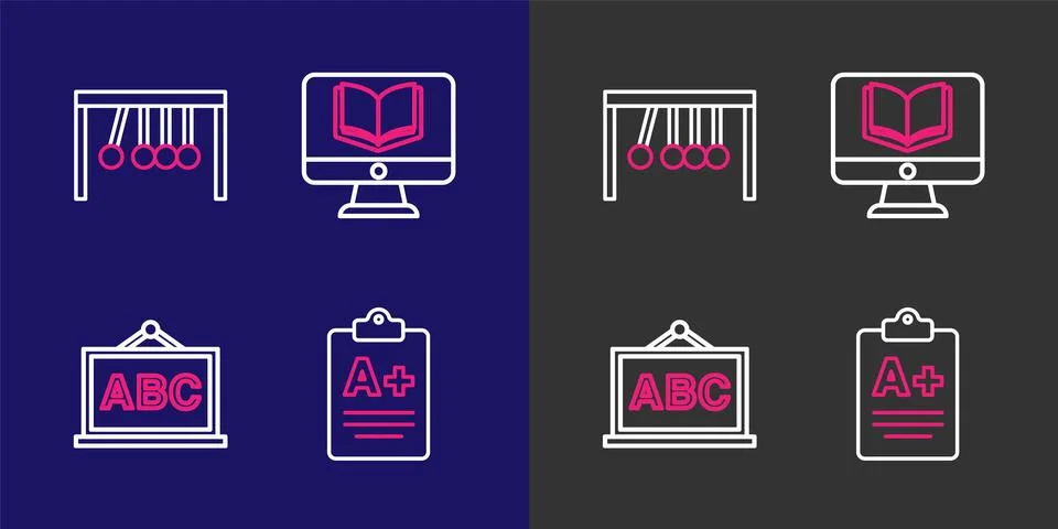 Set line Exam sheet with A plus grade, Chalkboard, Online class and Pendulu.. Stock Illustration