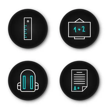 Set line Exam sheet with A plus grade, School backpack, Chalkboard and Rule.. Stock Illustration