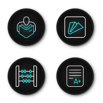 Set line Exam sheet with A plus grade, Abacus, Paper airplane and Man readi.. Stock Illustration