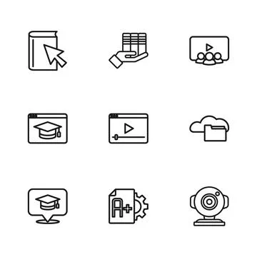 Set line Exam sheet with A plus grade, Cloud or online library, Web camera,.. Stock Illustration
