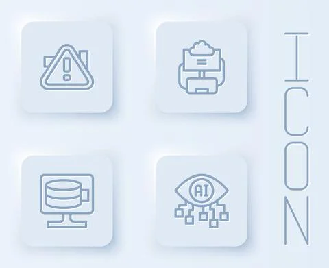 Set line Exclamation mark in triangle, Cloud database, and Computer vision Illustrazione stock