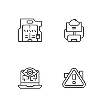 Set line Exclamation mark in triangle, Computer vision, Futuristic sliding doors Stock Illustration