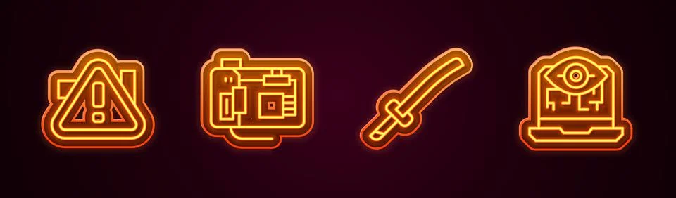 Set line Exclamation mark in triangle, Motherboard, Katana and Computer vision Illustrazione stock