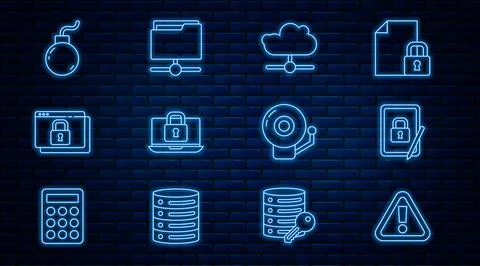 Set line Exclamation mark in triangle, Tablet with closed padlock, Network cloud Illustrazione stock