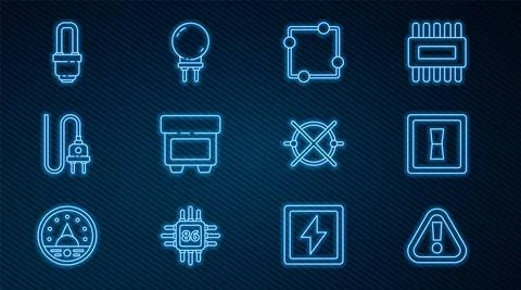 Set line Exclamation mark in triangle, Electric light switch, circuit scheme Ilustração Stock