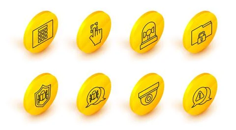 Set line Exclamation mark in triangle, Security camera, System bug, Folder and Stock Illustration