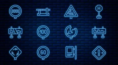 Set line Exclamation mark in triangle, Road traffic sign, Warning road, Speed Stock Illustration