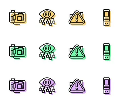 Set line Exclamation mark in triangle, Motherboard, Computer vision and USB f 스톡 일러스트