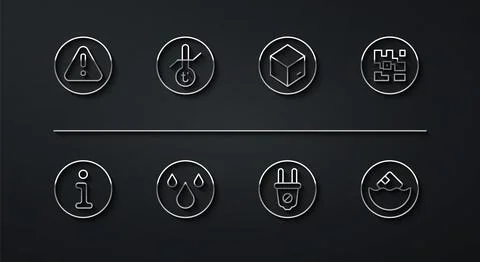 Set line Exclamation mark in triangle, Information, QR code, Electric plug 스톡 일러스트