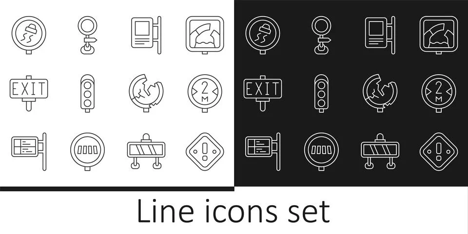 Set line Exclamation mark in triangle, Road traffic sign, Traffic light, Fire Stock Illustration
