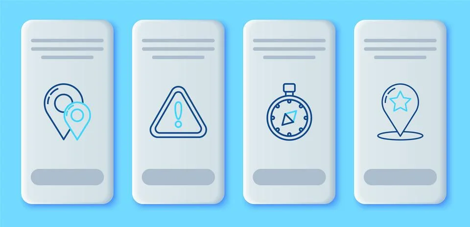 Set line Exclamation mark in triangle, Compass, Map pin and pointer with star Stock Illustration