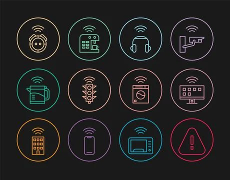 Set line Exclamation mark in triangle, Smart Tv system, headphones, traffic Illustration