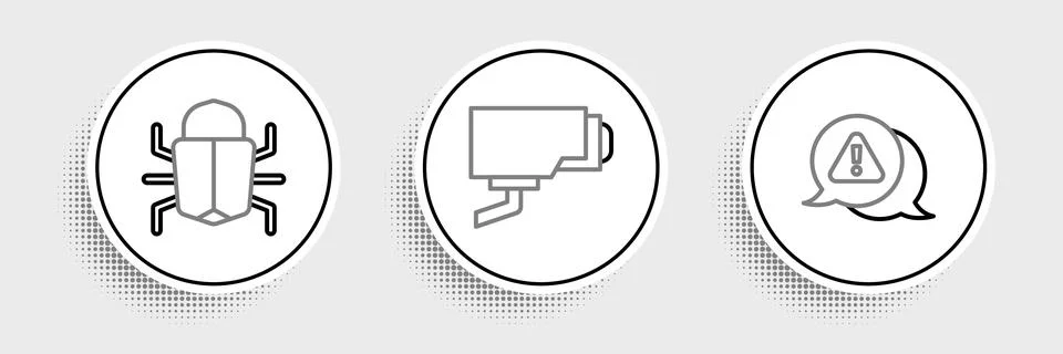 Set line Exclamation mark in triangle, System bug and Security camera icon Stock Illustration