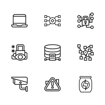 Set line Exclamation mark in triangle Neural network Energy drink Cloud datab Stock Illustration