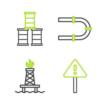 Set line Exclamation mark in triangle Oil rig with fire Industry pipe and Bar Stock Illustration