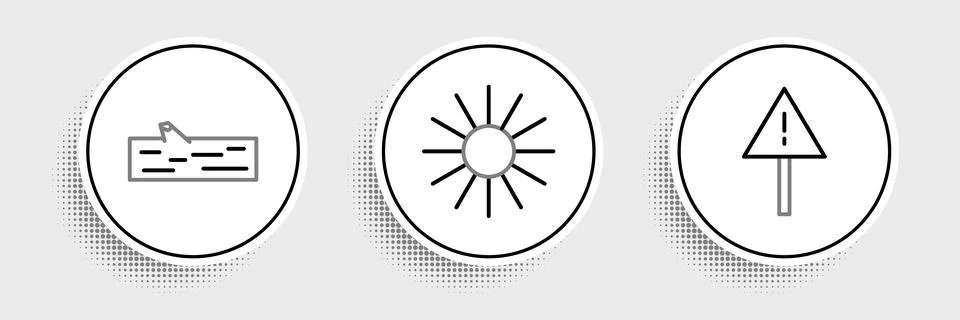 Set line Exclamation mark in triangle, Wooden log and Sun icon. Vector Stock-Illustration