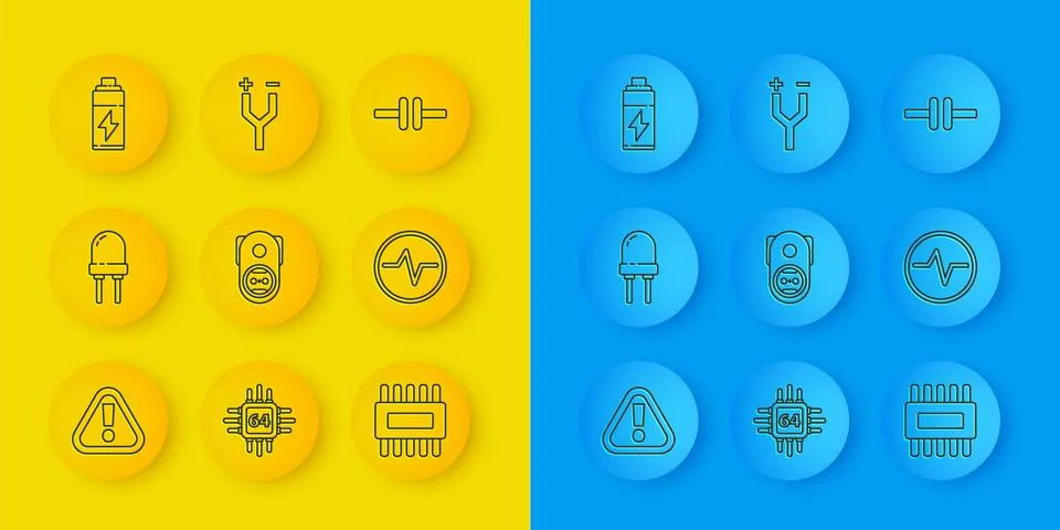 Set line Exclamation mark in triangle, Light emitting diode, Electrical out.. Stock Illustration