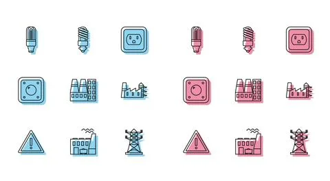 Set line Exclamation mark in triangle, Coal power plant and factory, LED li.. Stock Illustration