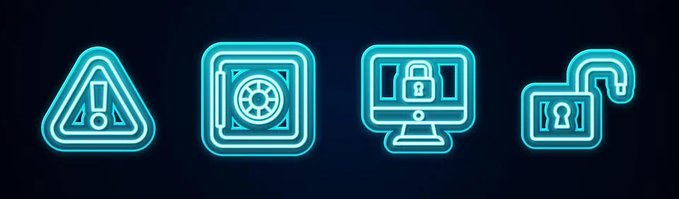 Set line Exclamation mark in triangle, Safe, Lock computer monitor and Open.. Stock-Illustration