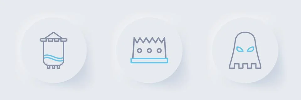Set line Executioner mask, King crown and Medieval flag icon. Vector Stock Illustration