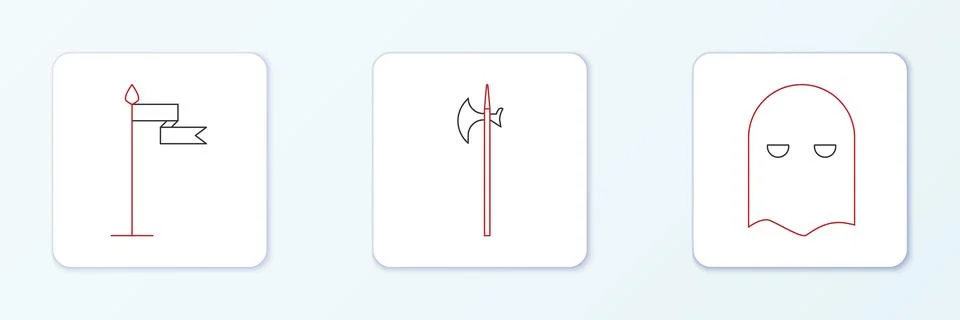 Set line Executioner mask, Medieval flag and halberd icon. Vector Stock Illustration