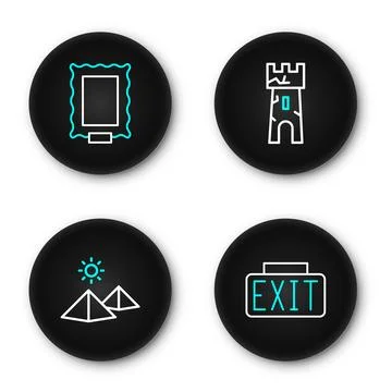 Set line Exit sign, Egypt pyramids, Castle tower and Picture icon. Vector Stock Illustration