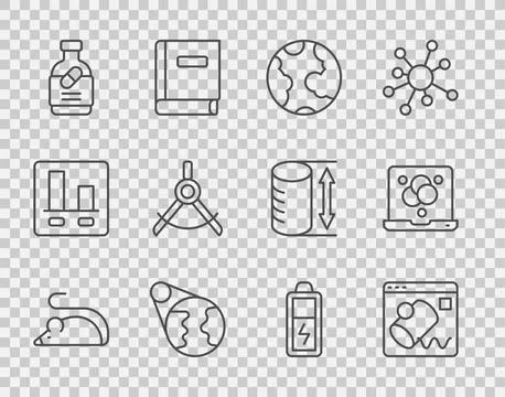 Set line Experimental mouse, Data visualisation, Earth globe, Medicine bottle 스톡 일러스트