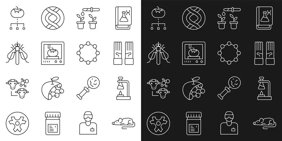 Set line Experimental mouse, Test tube flask on fire, Medical rubber gloves Illustrazione stock