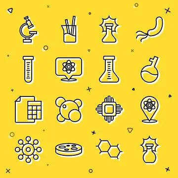 Set line Explosion in the flask, Atom, Test tube, Microscope and icon. Vector Stock Illustration