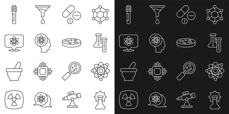 Set line Explosion in the flask, Atom, Test tube, Medicine pill or tablet, .. Stock-Illustration