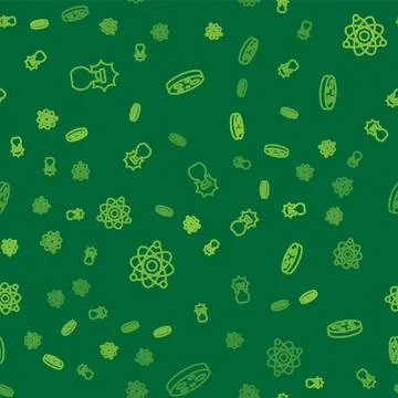 Set line Explosion in the flask, Atom and Petri dish with bacteria on seaml.. Stock Illustration