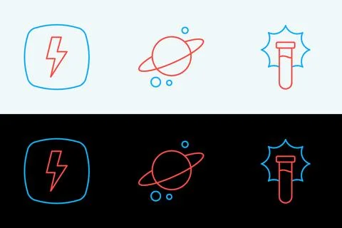 Set line Explosion in the flask, Lightning bolt and Planet Saturn icon. Vecto Stock Illustration